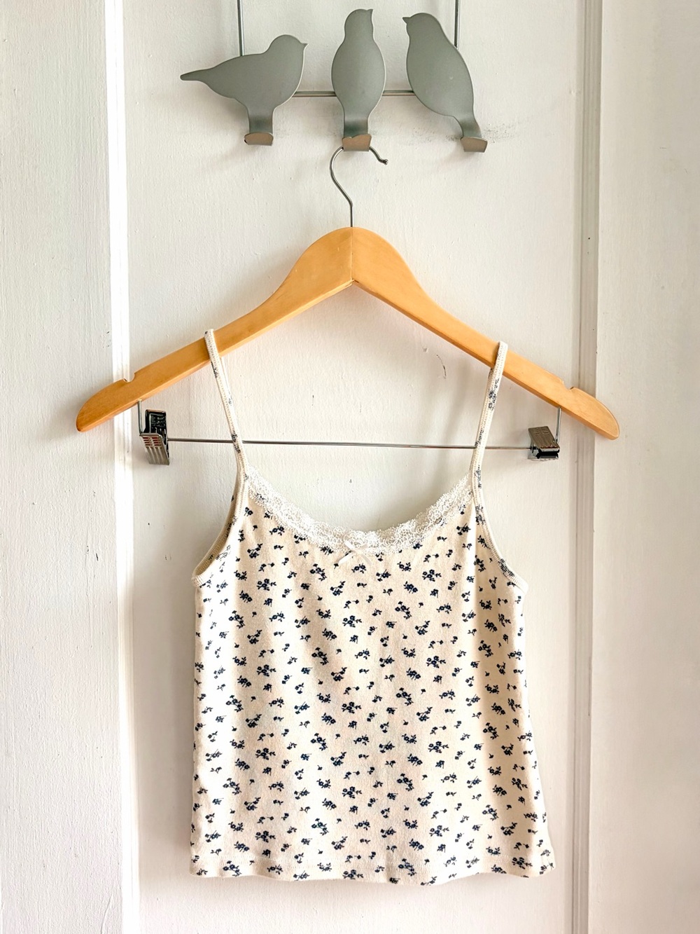 Brandy Melville 100% Cotton Cream Cami Tank Top with Navy Floral Print